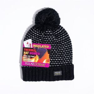 Polar Extreme Black Women's Insulated Thermal Pom Pom Beanie Hat